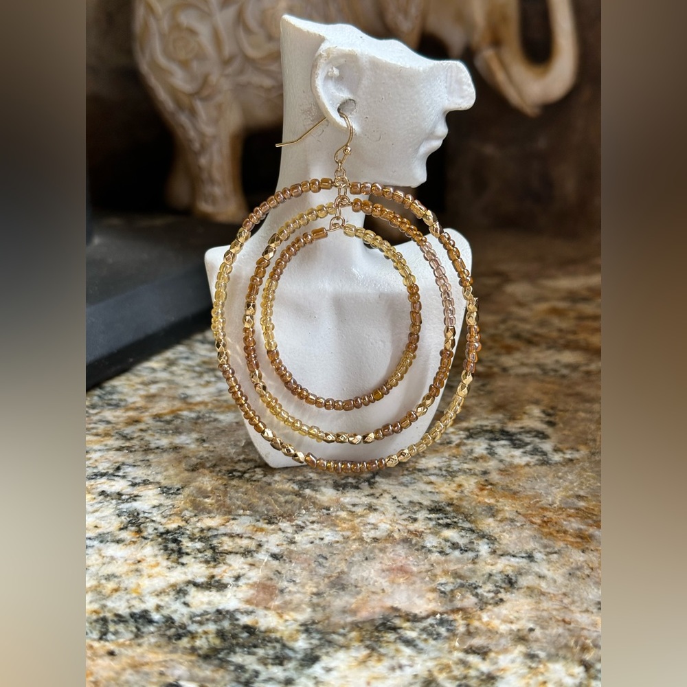 Gold Citrine Colored Beaded Hoop Earrings